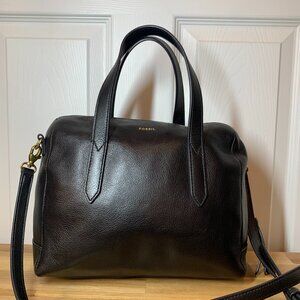 Fossil Black Leather Satchel – Structured Top Handle Bag with Crossbody Strap